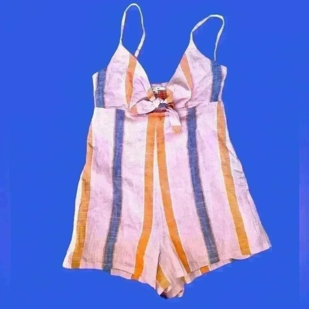 O'Neill Tatum Blush Pink‎ Striped Tie Front Romper Lulus Pockets Size XS